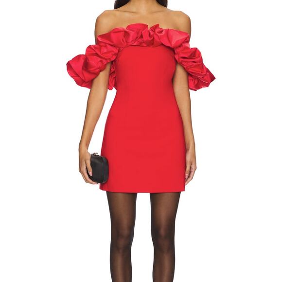 LIKELY x REVOLVE Ina Ruffle Red Off The Shoulder Ruffle Mini Dress Sz 6 / Small - Picture 12 of 13